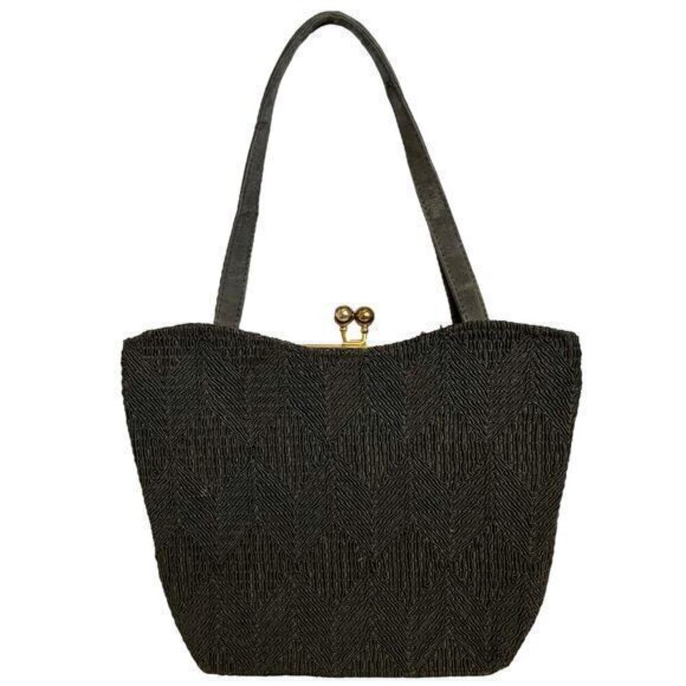 Vintage Corde Chevron Black Satchel Handbag 1940s Embroidered Hinged Frame Purse